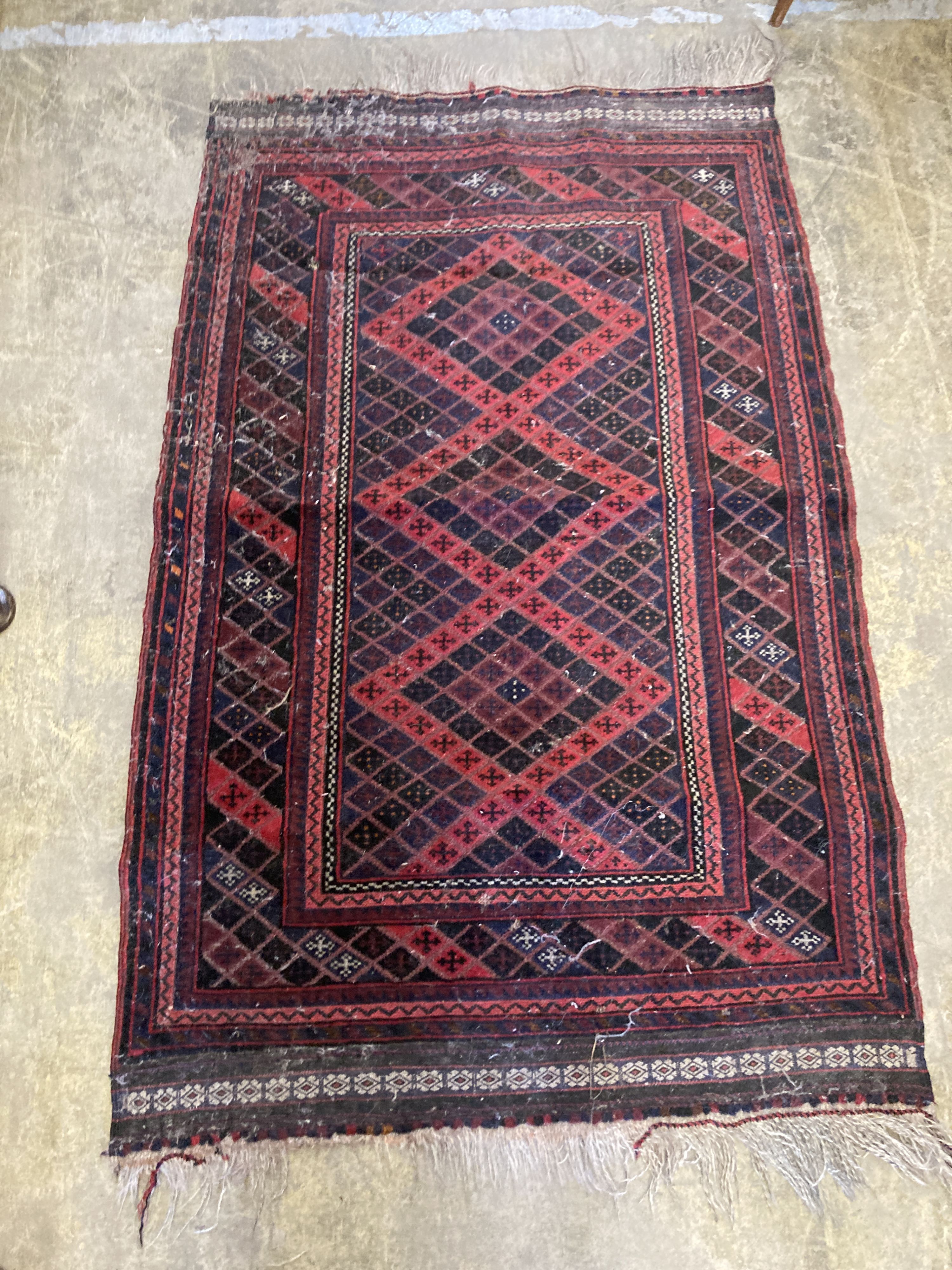 Two small Belouchi red ground rugs and two Kilim style rugs, 112 x 92.5cm and similar